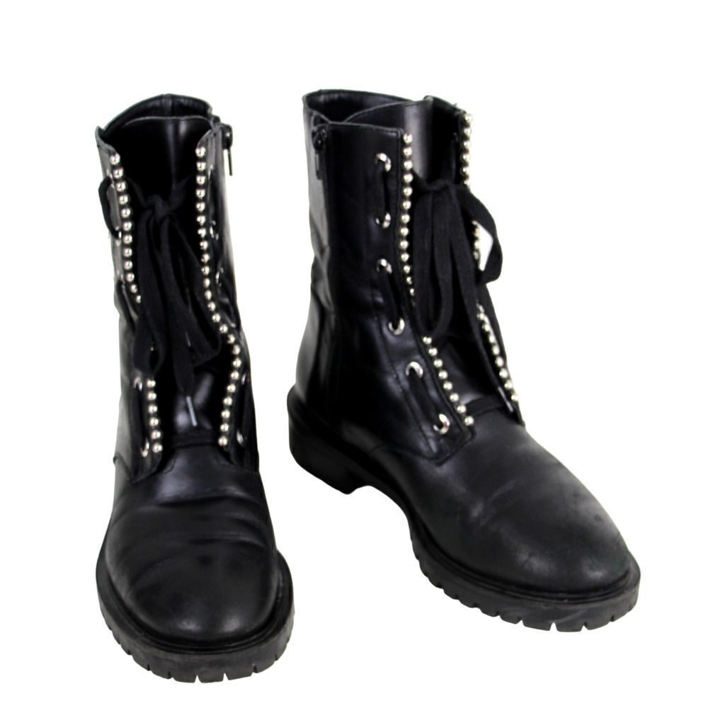Zara BLACK GENUINE LEATHER ZIP SIDE LACE UP LOW HEEL ROUND TOE ANKLE BOOTS Sz 37